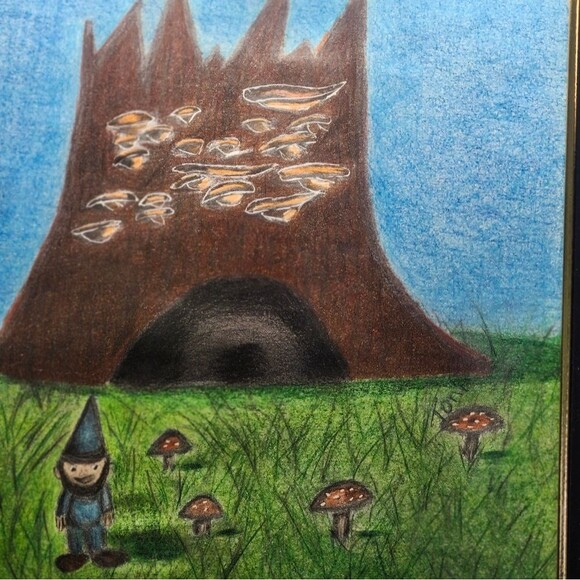 Hand Crafted Gnome Tree House Colored Pencil Drawing Framed 9x11" - Picture 5 of 13
